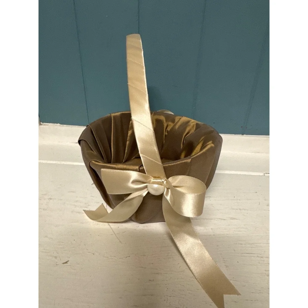 Satin Flower Girl Basket Ivory Pearl Bow Wedding‎ Ceremony Special Occasion